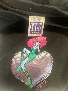 Vintage JNCO Black Tee with Pink Hair Character on Green Outfit